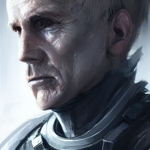 Image similar to Portrait of a man by Greg Rutkowski, he is about 50 years old, short blond hair, athletic and strong, straight jaw, wearing a futuristic tactical gear, expression of determination with weariness and resignation, older brother vibes, highly detailed portrait, digital painting, artstation, concept art, smooth, sharp foccus ilustration, Artstation HQ.