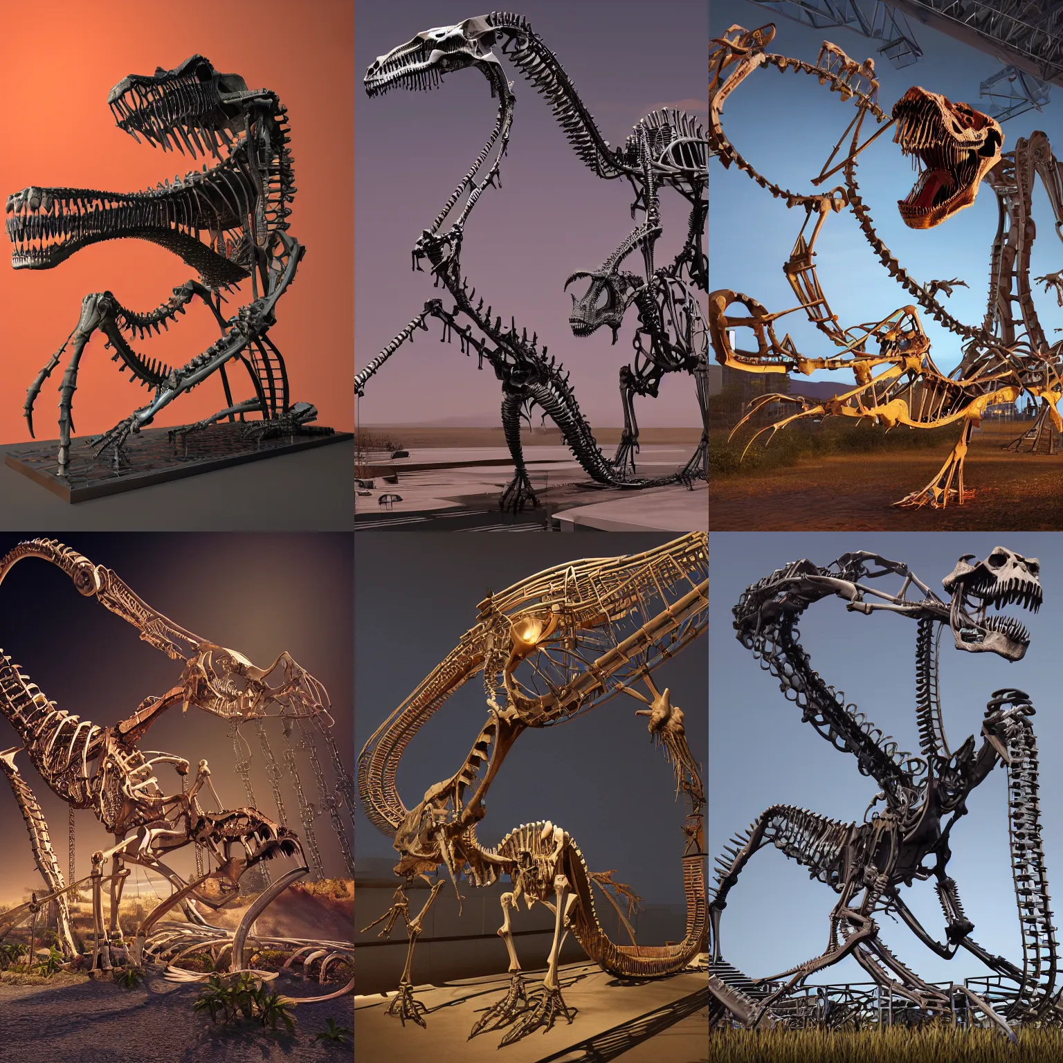 Prompt: Simple bionic exploded drawing dinosaur skeleton sculpture made from rollercoaster, with big chrome tubes, chains organs, by david lachapelle, by angus mckie, by rhads, in a dark empty black studio hollow, c4d, at night, rimlight, rimight, rimlight, c4d, blender donut tutorial, octane