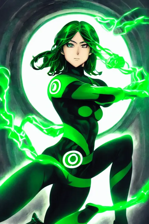 Image similar to anime key visual of a beautiful young female green lantern!! intricate, green and black suit, glowing, powers, dc comics, cinematic, stunning, highly detailed, digital painting, artstation, smooth, hard focus, illustration, art by artgerm and greg rutkowski and alphonse mucha