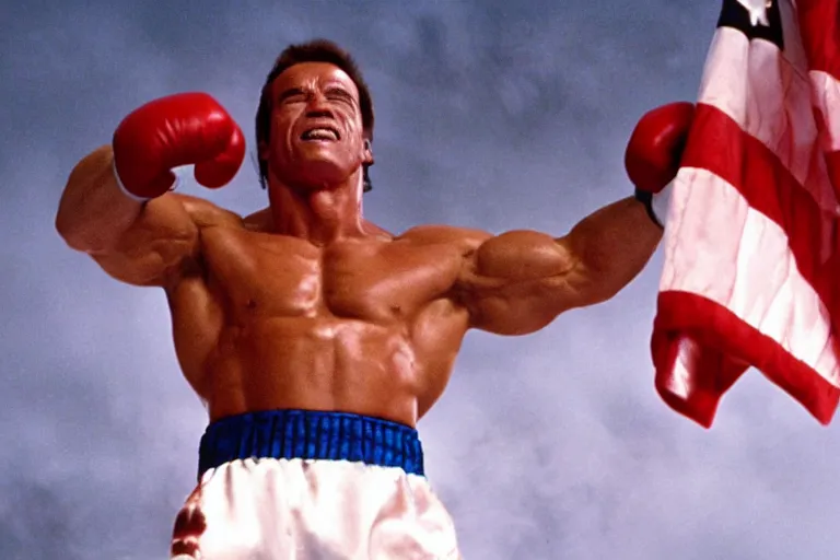 Image similar to film still of Arnold Schwarzenegger as Rocky in Rocky IV, 8k,