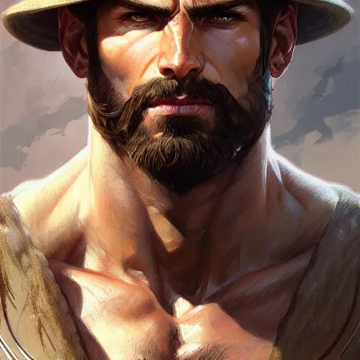 Image similar to Portrait of rugged male ranger, D&D, muscular, fantasy, intricate, elegant, highly detailed, digital painting, artstation, concept art, smooth, sharp focus, illustration, art by artgerm and greg rutkowski and alphonse mucha