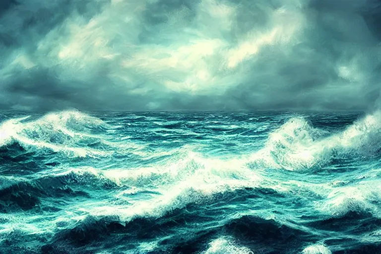 Image similar to stormy ocean with roiling waves and a cloudy sky, digital art, trending on artstation