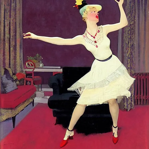 Image similar to a beautiful young girl was dancing the Charleston on the living room carpet with joy, fair skin, red lips, black hair, oil painting, Sherree Valentine Daines, Coles Phillips, Gil Elvgren, Dean Cornwell, JC Leyendecker, 8k