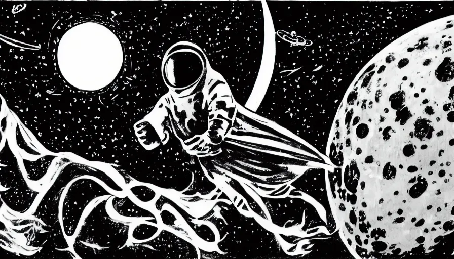 Image similar to travel to the moon in a dream, style of graphic novel, style of dave mckean, black outline, on white, smooth, thin sharp lines, detailed