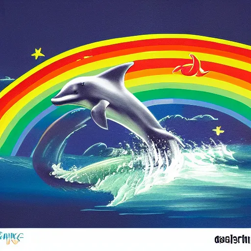 Image similar to dolphine skateboarding on a rainbow