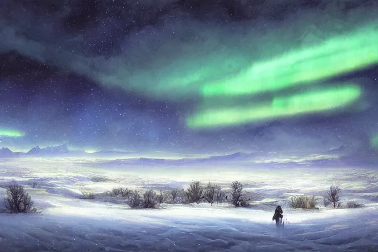 Image similar to A beautiful painting of the vast snow desert at night with the northern lights by marc simonetti, matte painting