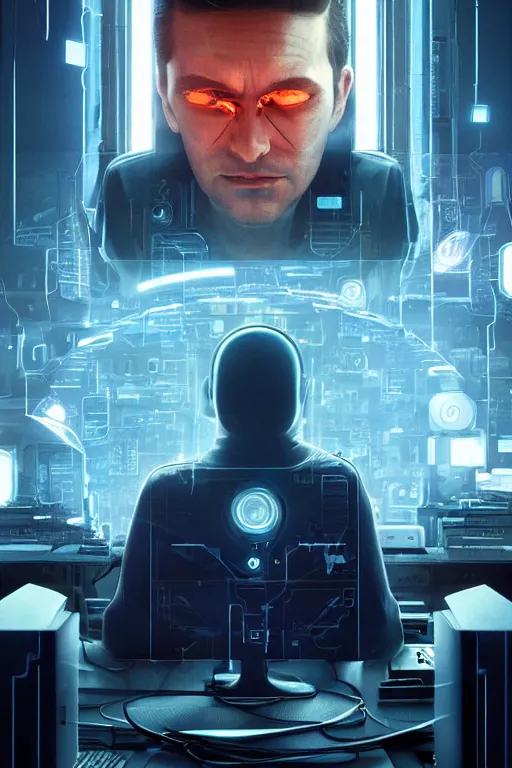 Prompt: hacker at a computer in a scifi movie, movie poster, by nuri iyem, james gurney, james jean, greg rutkowski, anato finnstark. pixar. hyper detailed, 5 0 mm, award winning photography, perfect faces