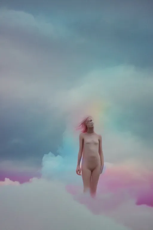 Prompt: high quality pastel coloured film close up wide angle photograph of a model wearing clothing swimming on cloud furniture in a icelandic black rock!! environment in a partially haze filled dreamstate world. three point light, rainbow. photographic production. art directed. pastel colours. volumetric clouds. pastel gradient overlay. waves glitch artefacts. extreme facial clarity. 8 k. filmic.