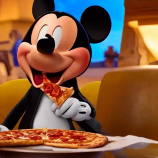 Image similar to film still of mickey mouse eating pizza in the new star wars movie, 4 k