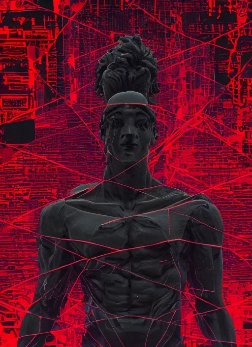 Image similar to dark design poster showing a close up of a heroic greco roman statue, black background with very subtle red and purple design elements, powerful, nekro, vito acconci, thin straight lines, dark, glitch art, neo vaporwave, gritty, layout frame, square, trending on artstation