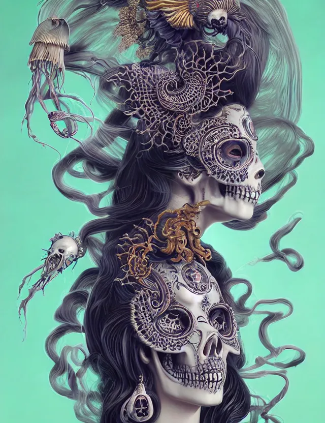 Image similar to 3 d goddess skull half - turn portrait with long hair with ram skull. beautiful intricately detailed japanese crow kitsune mask and clasical japanese kimono. betta fish, jellyfish phoenix, bio luminescent, plasma, ice, water, wind, creature, artwork by tooth wu and wlop and beeple and greg rutkowski