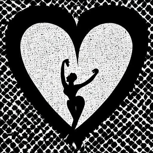 Prompt: clean black and white print on white paper, high contrast, logo of a symmetric heart with a stylized dancer silhouette inside