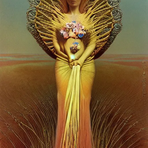 Image similar to queen of jupiter by zdzisław beksinski and alphonse mucha. highly detailed, hyper - real, beautiful