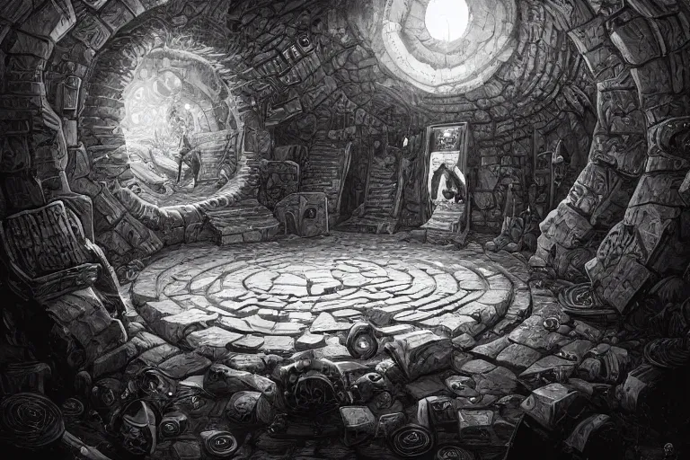 Prompt: black and white one point perspective labyrinth dungeon cozy fantasy dungeon boss encounter view with gigantic orb in the middle of the room by artgerm and Craig Mullins, James Jean, Andrey Ryabovichev, Mark Simonetti and Peter Morbacher 16k