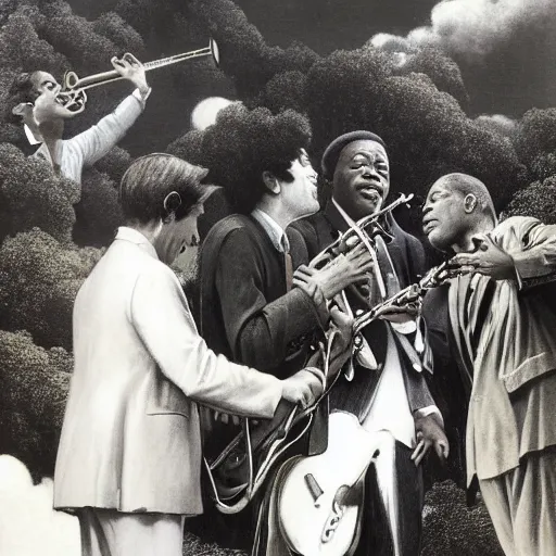 Prompt: Bob Dylan with his guitar and harmonica at the gates of heaven is greeted by Louis Armstrong blowing a trumpet by Maxfield Parrish and Glen Rutkowski and Raphael