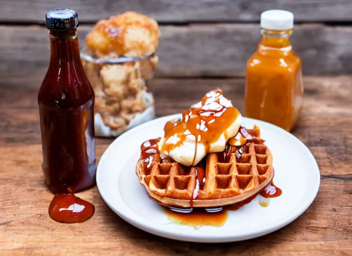 Image similar to dslr food photograph of a belgian waffle with fried chicken on top drizzled with maple syrup and a bottle of hot sauce on the side, 8 5 mm f 1. 8