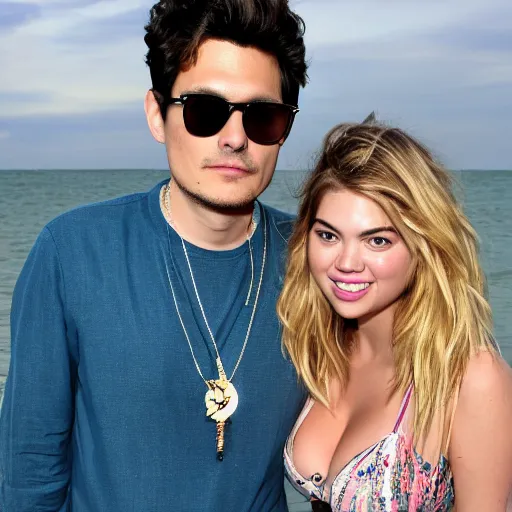 Image similar to john mayer is dating kate upton. they're on a boat. her bikini is showing. cinematic 8 k, depth of field