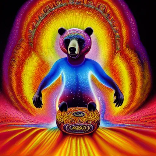 Prompt: bear spinning fire poi sitting on a peacock, painted by lisa frank, alex grey and tim hildebrandt, volumetric lighting, hyper realism, highly detailed, dmt, lsd, psilocybin, sharp focus, sharp contrast, 8 k