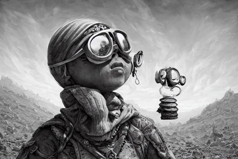 Image similar to a highly detailed forgotten garden gnome wearing goggles and head scarf surviving in a vast barren desert, hopeless wasteland background with a relentless raging sun overhead, post - apocalyptic road warrior vibe, dynamic pose, an ultrafine detailed painting by joe fenton, trending on deviantart, pop surrealism, whimsical, lowbrow, perfect symmetrical face, sharp focus, octane, masterpiece