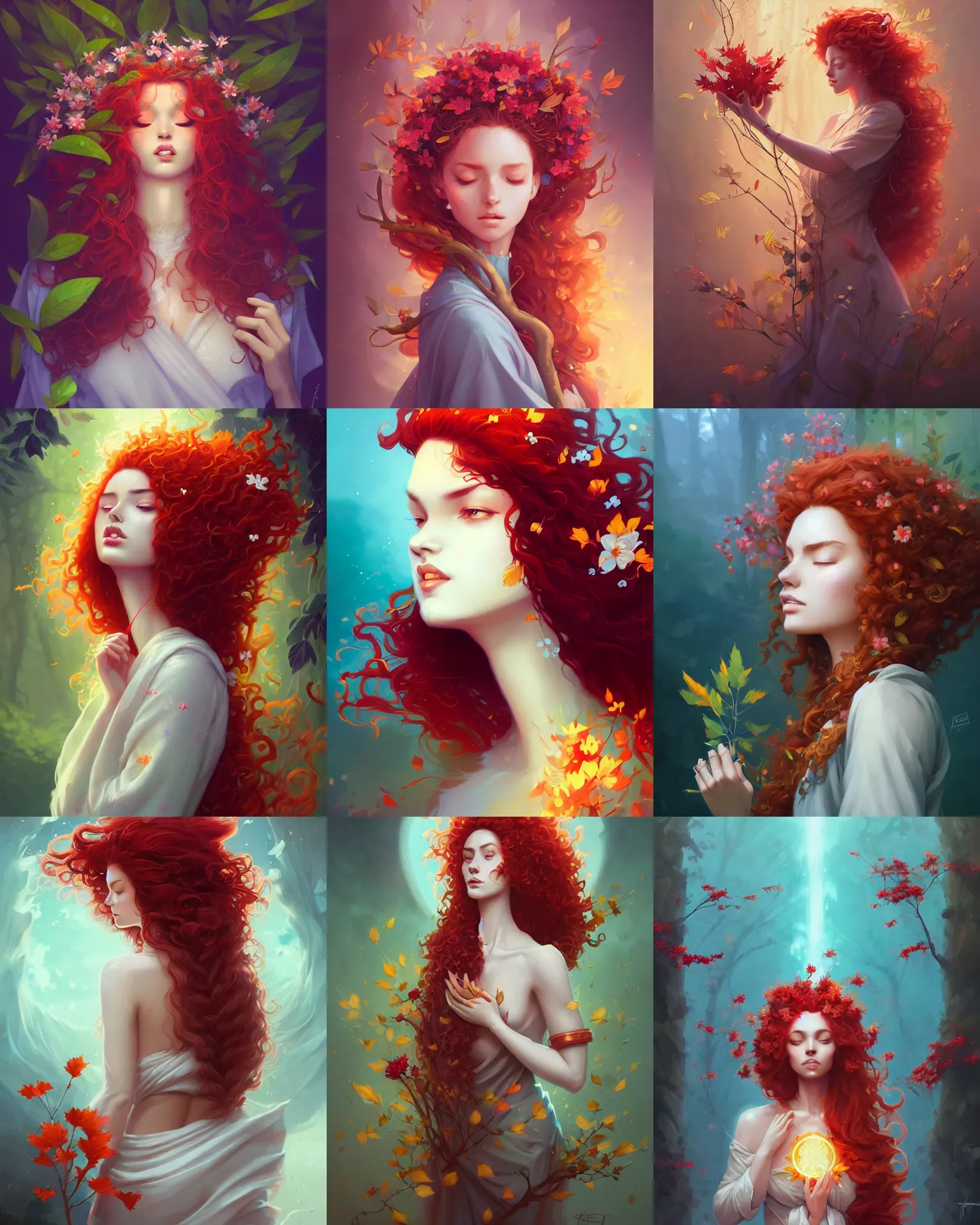 Prompt: beautiful summer priestess with curly red - hair, flurry of leaves and flowers, warm aura, artgerm, peter mohrbacher, alena aenami, artstation