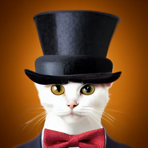 Image similar to a cat wearing a top hat and a bow tie, a stock photo by René Magritte, shutterstock contest winner, pop surrealism, steampunk, surrealist, handsome