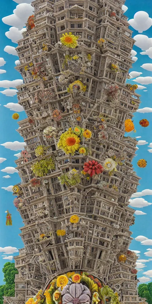 Image similar to colossal MC Escher flower in the middle of post soviet constructivist cityscape, Stalinist architecture, ultradetailed, Intricate by Hayao Miyazaki and Josan Gonzalez and Giuseppe Arcimboldo and Wes Anderson and H.R. Giger