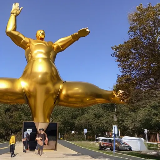 Prompt: picture of giant golden statue of a gaming controller, in a suburb