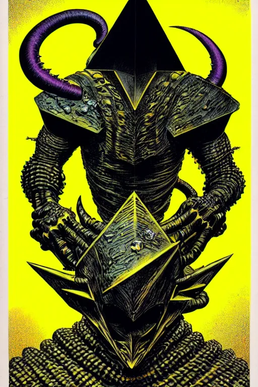 Image similar to black and yellow technicolor color risoprint, richard corben, wayne barlowe, moebius, heavy metal comic cover art, psychedelic triangular lich in heavy shoulders armor, very intricate, thick outline, full body, symmetrical face, long black crown, in a shapes background, galactic dark colors