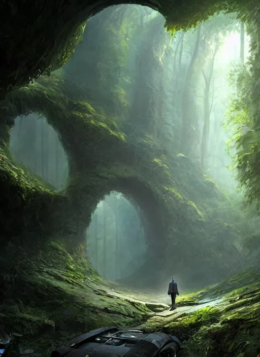 Image similar to a man standing in a tunnel in the middle of a forest, a matte painting by stephan martiniere, featured on cgsociety, fantasy art, matte painting, unreal engine 5, tesseract