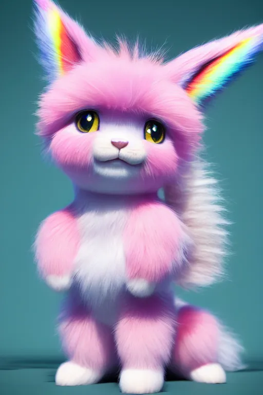 Prompt: high quality 3 d render hyperrealist very cute multicolor stripped fluffy! unicorn kitty, kittycorn, rainbow, hybrid highly detailed, vray smooth, in the style of detective pikachu, hannah yata charlie immer, dramatic pink light, low angle, uhd 8 k, sharp focus
