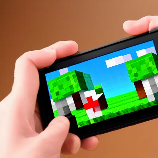 Image similar to hand holding nintendo switch with heart icon on screen with minecraft background