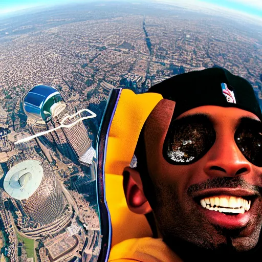 Image similar to selfie of kobe bryant holding a giant rolled marijuana cigarette in a helicopter, smoke around him, 8k resolution, hyper detailed, shot in the air