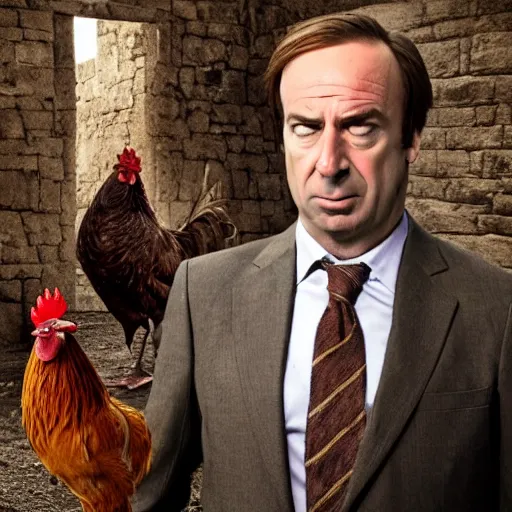 Prompt: saul goodman and a rooster in a medieval torture chamber, saw blades and knives in the background, horror movie, saul goodman face, rooster!!!!, real life photo, highly detailed face