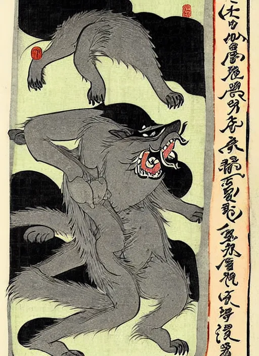 Image similar to a werewolf as a yokai illustrated by kawanabe kyosai and toriyama sekien