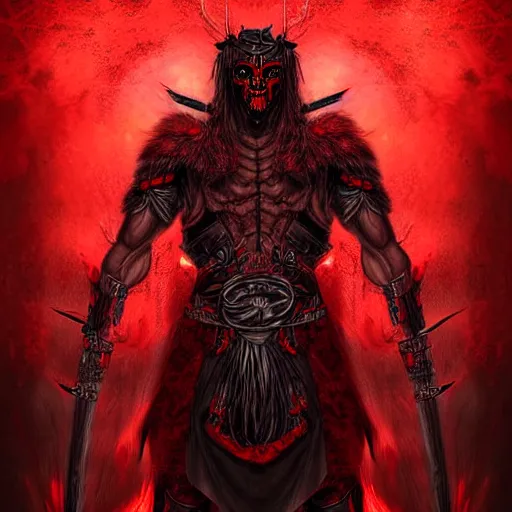 Image similar to epic chthonic ancient warrior black veins red demonic eyes, red smoke on the background by Boris Valejio, high detailed digital art