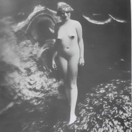 Prompt: low quality 1920s photo of a 🧜‍♀️ on deep sea, damaged