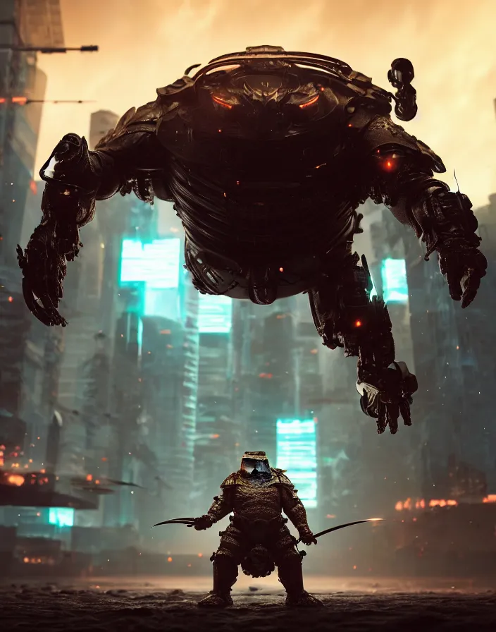 Prompt: a photo of a huge wide toad in a futuristic armor with glowing katana sword, cyberpunk, hyper realistic, hyper detailed, volumetric lightning, grainy film, octane render, 8k, raytracing