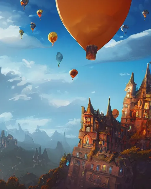 Image similar to flying cloud castle, buildings, baloons, bright, blue sky, mountains, colorful, cinematic lighting, fantasy, high detail, illustration, masterpiece, artstation, 4 k, art by wylie beckert