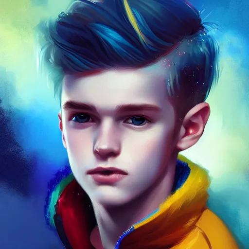 Prompt: colorful and Festive Captivating young boy with wavy blonde hair, navy blue jacket and blue shorts. rich vivid colors, ambient lighting, dynamic lighting, 4k, atmospheric lighting, painted, intricate, highly detailed by Charlie Bowater