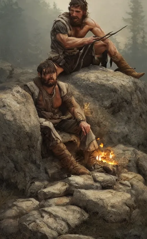 Prompt: Portrait of a rugged ranger sitting down on a rock by a fire, male, muscular, straight nose!!!, detailed face, handsome face, bare thighs!!!, simple clothing!!!!!, fantasy, medieval, highly detailed, cinematic lighting, digital art painting by greg rutkowski