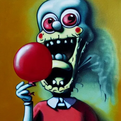 Image similar to grunge painting of spongebob with a wide smile and a red balloon by chris leib, loony toons style, pennywise style, corpse bride style, horror theme, detailed, elegant, intricate