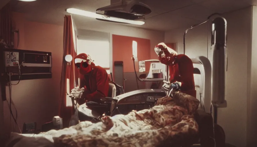 Image similar to 70s movie still of a man with red mask and a spiral in the mouth in hospital, eastmancolor, heavy grain, high quality, higly detailed, liminal space