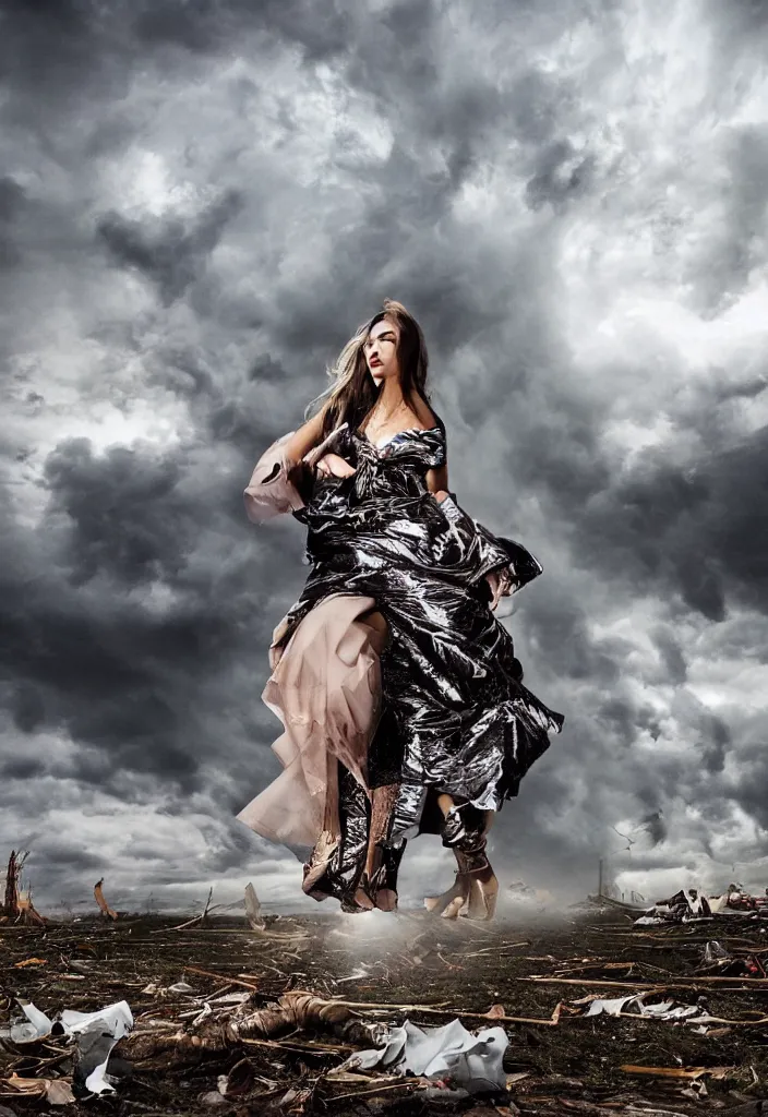 Image similar to fashion editorial in a tornado. wide angle shot. highly detailed.