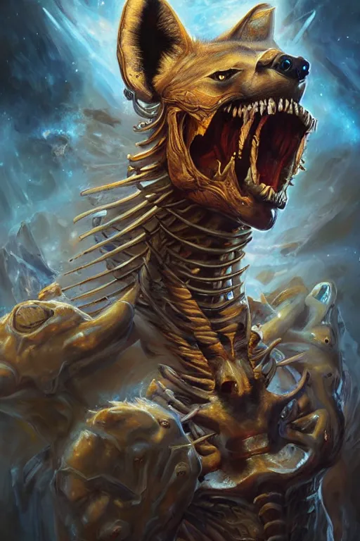 Image similar to beautiful oil painting with high detail and of a Hyena-Skeleton-Plasma-Galaxy God hybrid from dungeons and dragons and art direction by James Cameron ;by artgerm; wayne reynolds art station; cinematic quality character render; low angle; ultra high quality model; production quality cinema model;