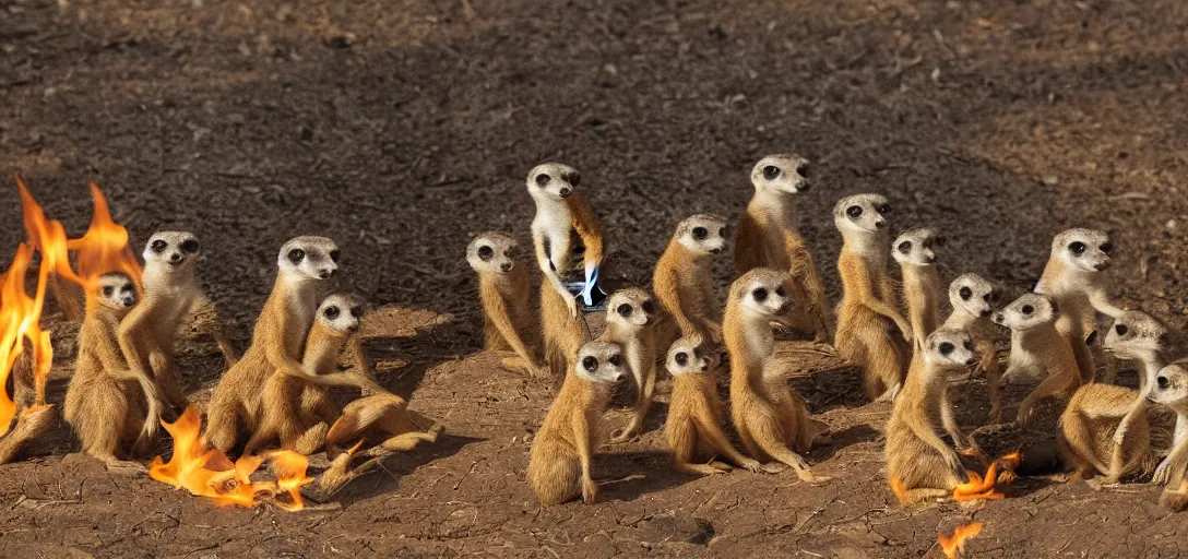 Image similar to meerkat sit in a circle and burn putin, artstation