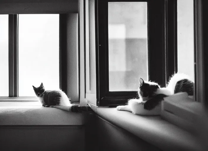 Image similar to photography of a Cat . watching outside the window. on a bed. in a 70's room full of vinyls and posters, photorealistic, award winning photo, 100mm, sharp, high res