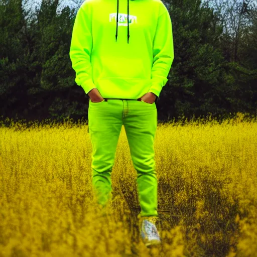 Image similar to a man standing in a yellow field wearing a neon green hoodie