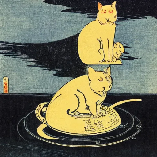 Image similar to a cat sitting on a rocketship headed for the moon made of cheese, by hokusai and george bellows