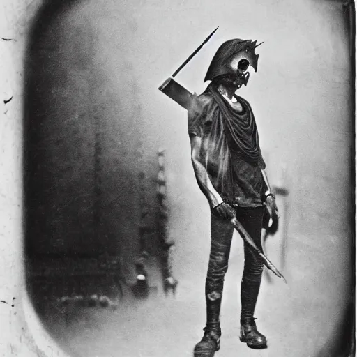 Prompt: ash maker, black leather spikes, cyberpunk reaper, hulking, mysterious photo realism, style of roger fenton, flash photo