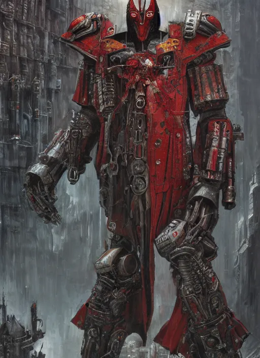 Image similar to portrait of rotten Nicolas Cage as adeptus mechanicus in red hood and robe from Warhammer 40000. Highly detailed, artstation, illustration by and John Blanche and zdislav beksinski and wayne barlowe